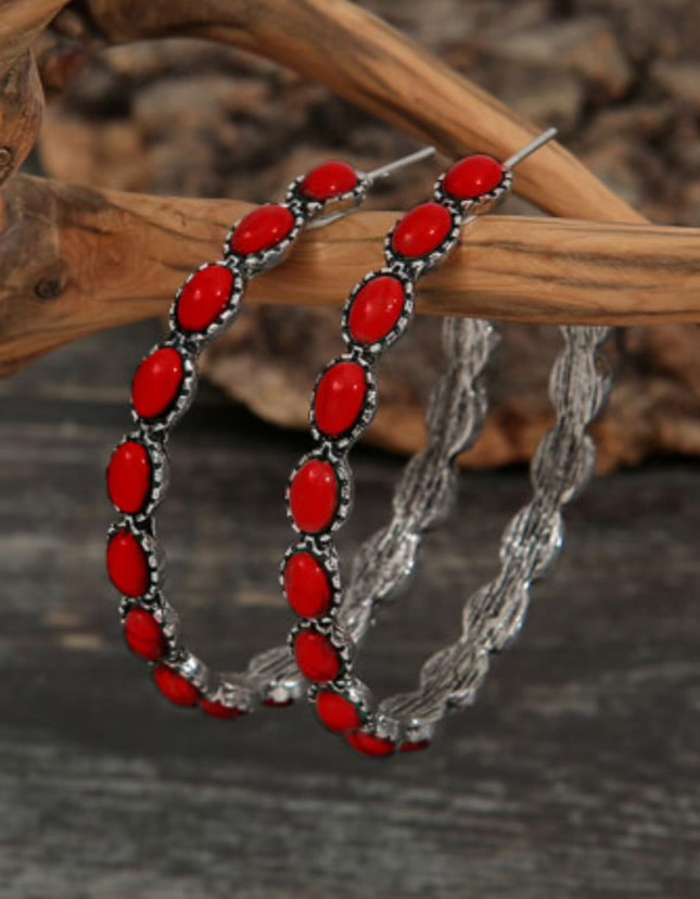 Red Gem Inlay Hoop Earrings