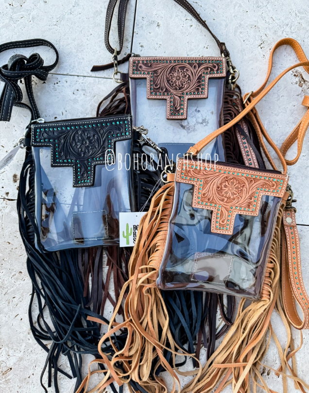 Hand Tooled Leather Clear Crossbody Purse