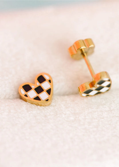 Checkered Heart Flat Back Stud Earrings