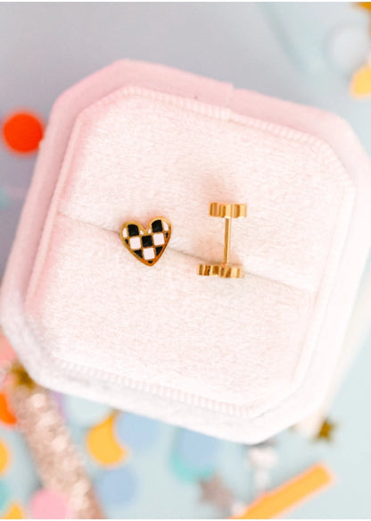 Checkered Heart Flat Back Stud Earrings