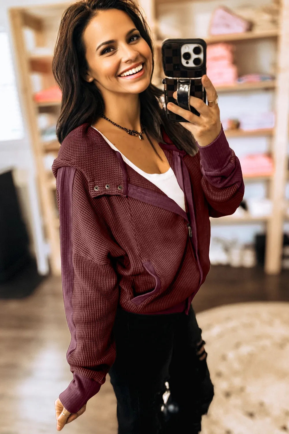 Waffle Knit Hooded Jacket