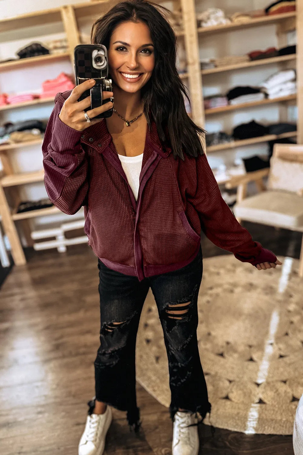 Waffle Knit Hooded Jacket