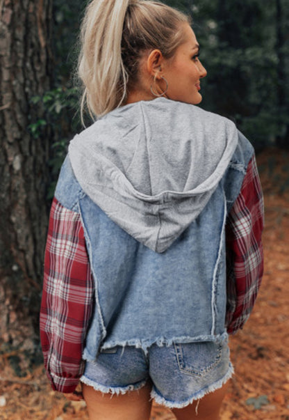 Plaid Print Patchwork Hooded Raw Hem Denim Jacket