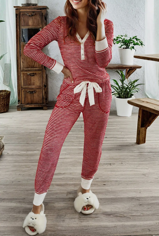 Striped Button V Neck Knotted Waist Pants Lounge Set