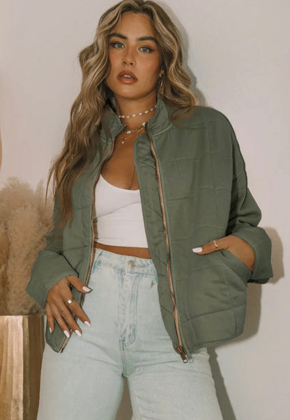 Olive Quilted Zip-Up Jacket