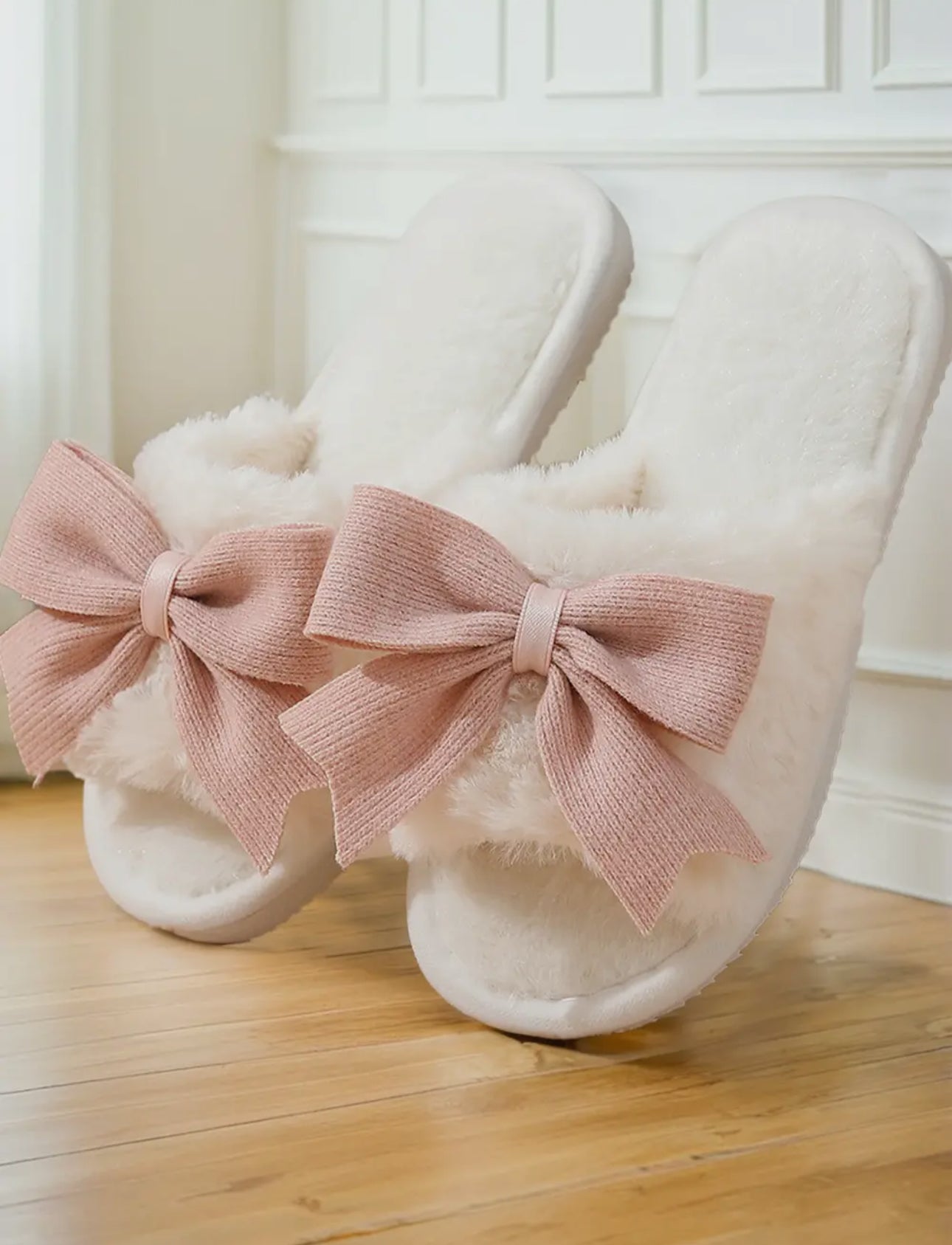 Bow Knot Decor Open Toe Plush Slippers