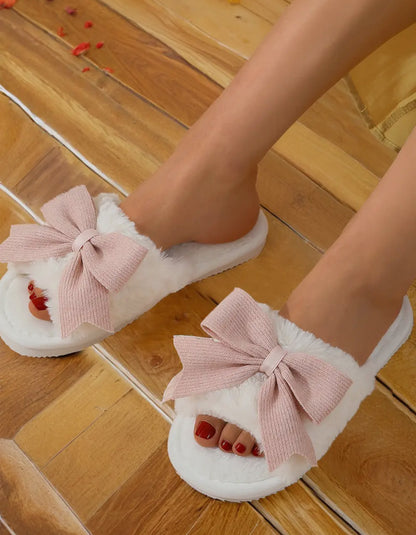 Bow Knot Decor Open Toe Plush Slippers