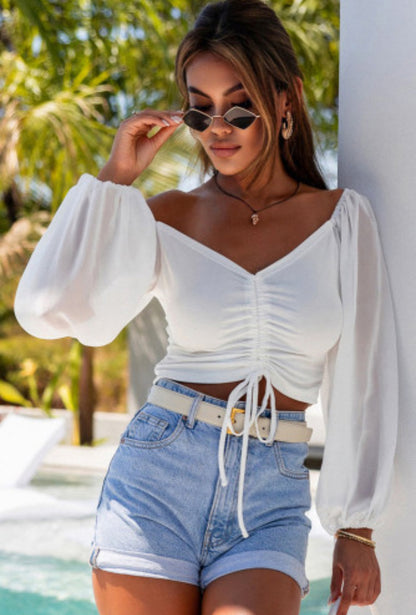 White Drawstring Front Sheer Puff Sleeve Crop Top