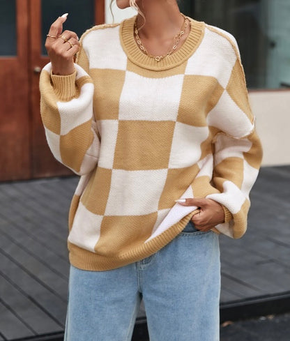 Khaki Checkered Bishop Sleeve Sweater