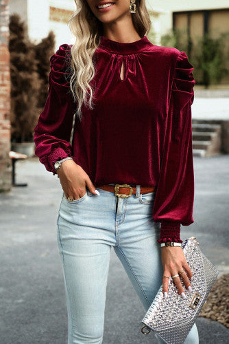 Fiery Red Mock Neck Puff Sleeve Velvet Blouse