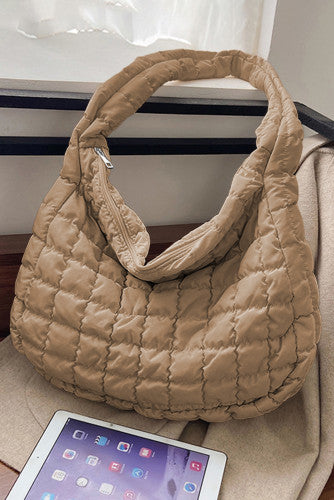 Light French Beige Quilted Zipper Shoulder Bag