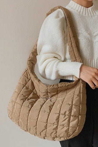 Light French Beige Quilted Zipper Shoulder Bag