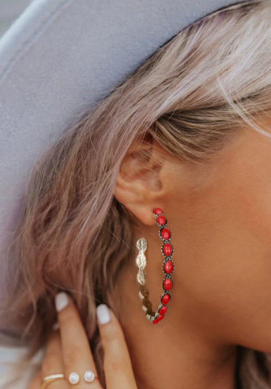 Red Gem Inlay Hoop Earrings