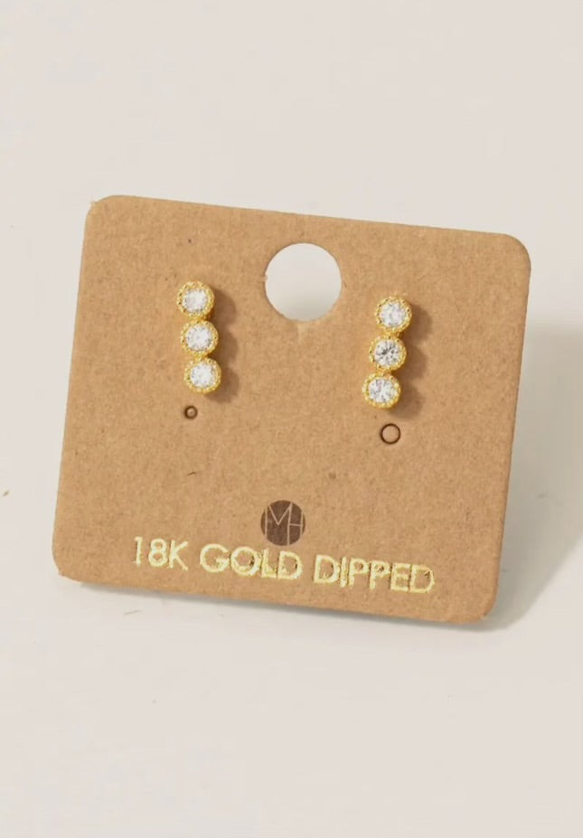 Gold Triple Stud Bar Earrings