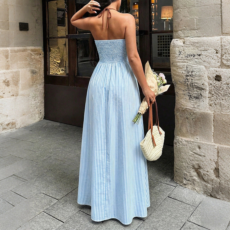 Navy Blue Striped Halter Maxi Dress